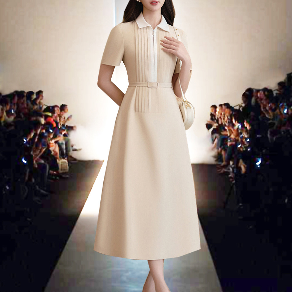 Summer pinched waist long belt ladies lapel dress