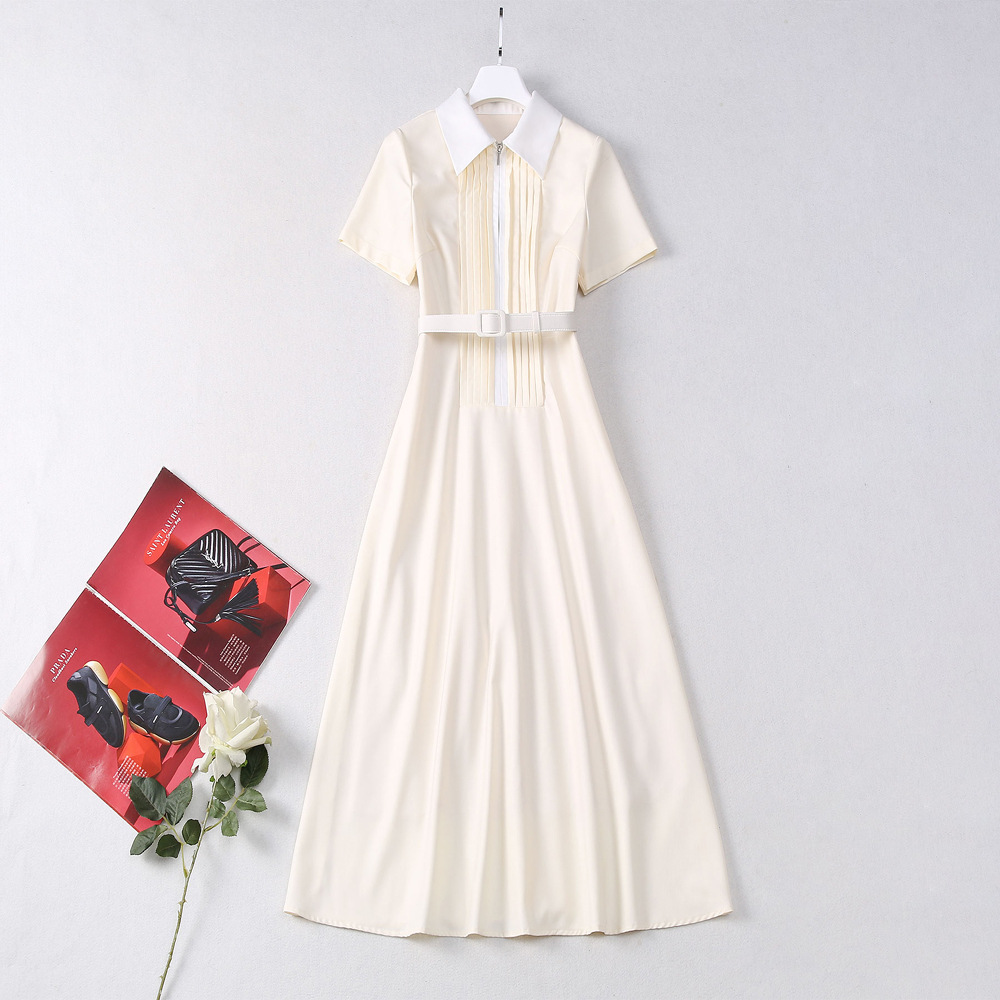 Summer pinched waist long belt ladies lapel dress