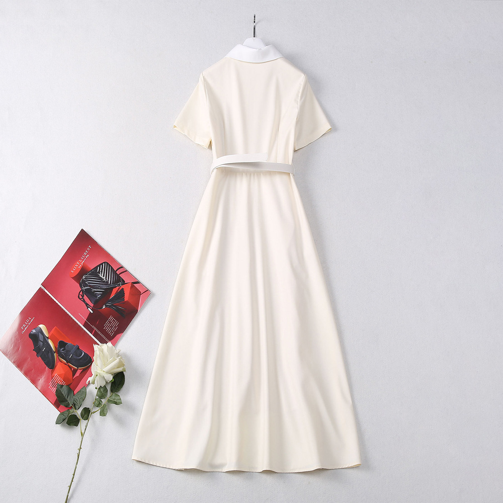 Summer pinched waist long belt ladies lapel dress