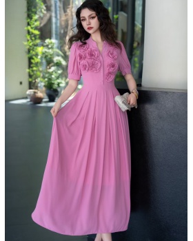 Temperament pinched waist dress pink long dress for women