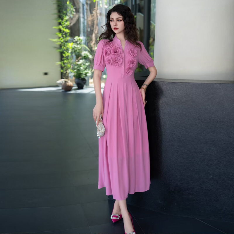 Temperament pinched waist dress pink long dress for women