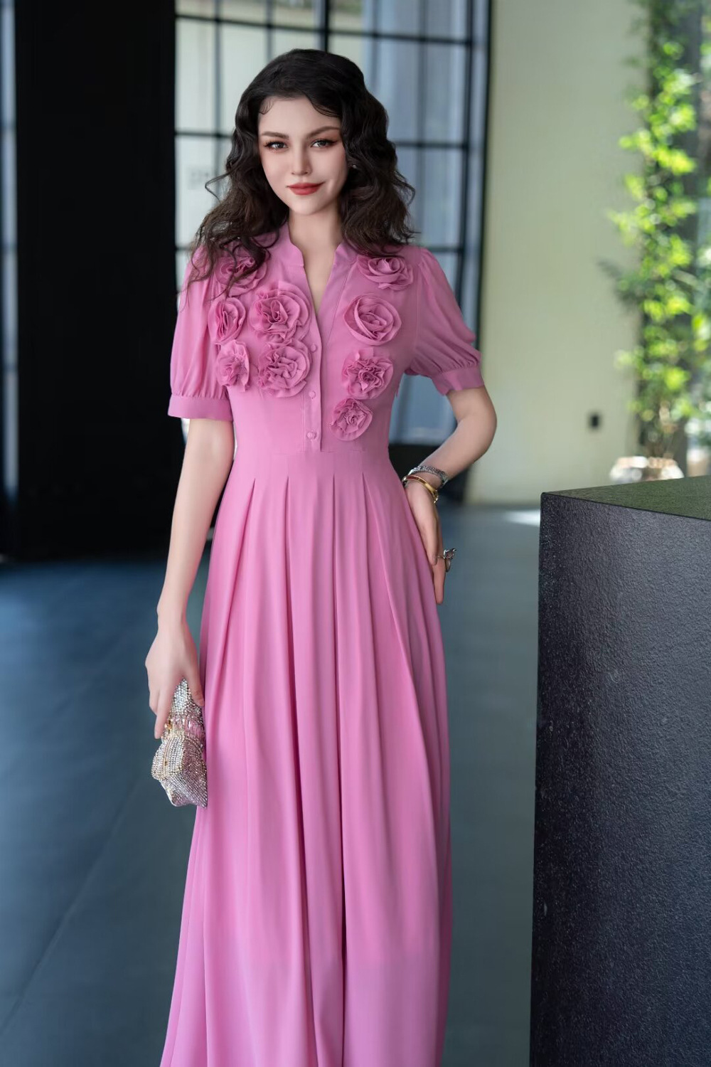 Temperament pinched waist dress pink long dress for women