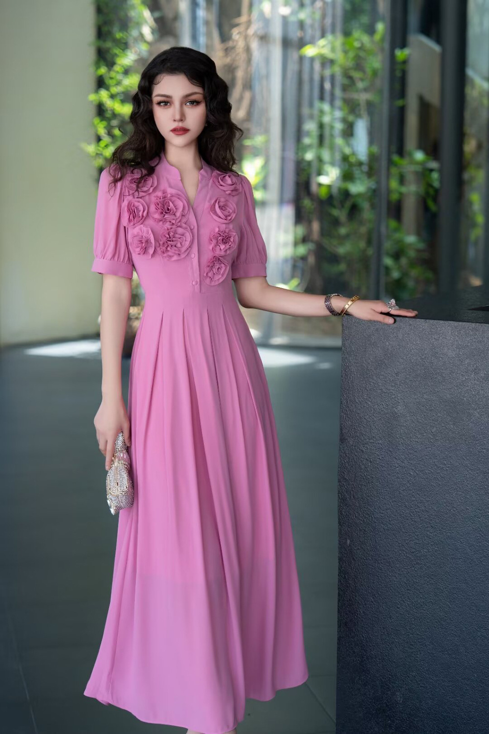 Temperament pinched waist dress pink long dress for women