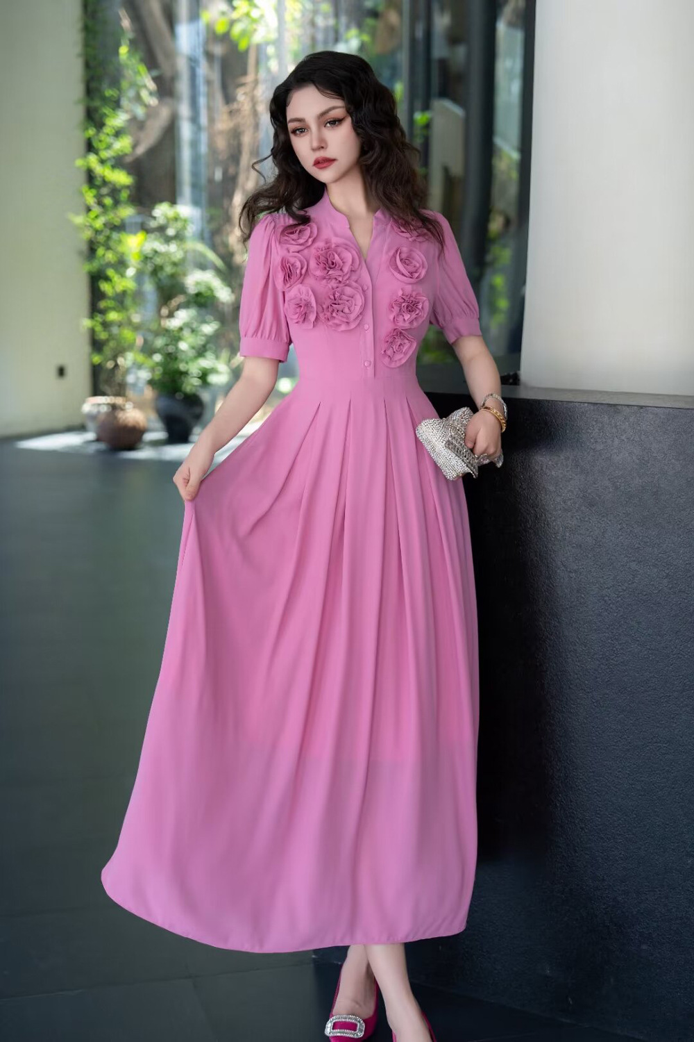 Temperament pinched waist dress pink long dress for women