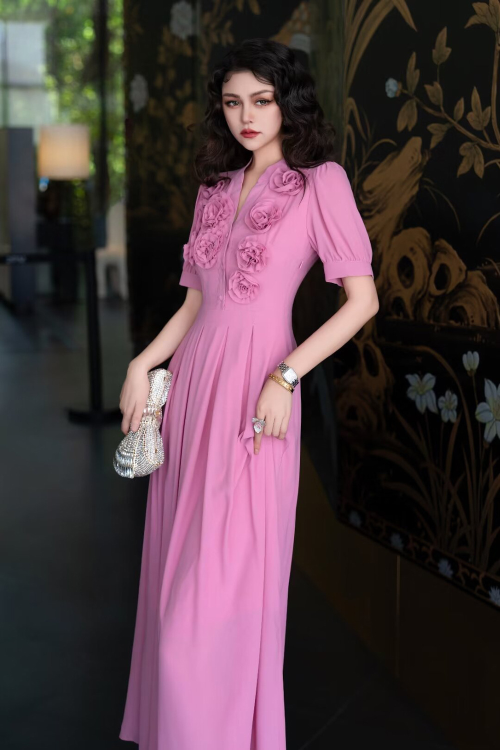 Temperament pinched waist dress pink long dress for women