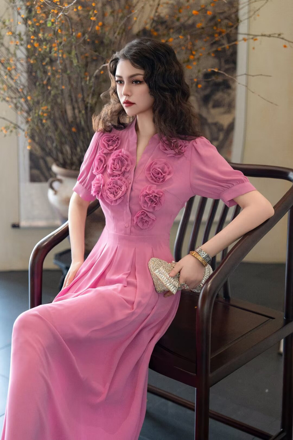 Temperament pinched waist dress pink long dress for women