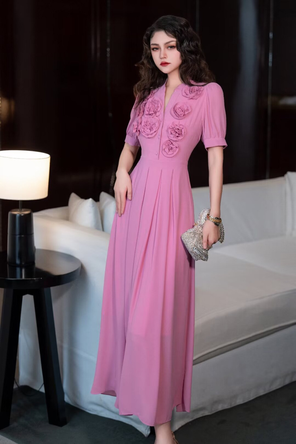 Temperament pinched waist dress pink long dress for women