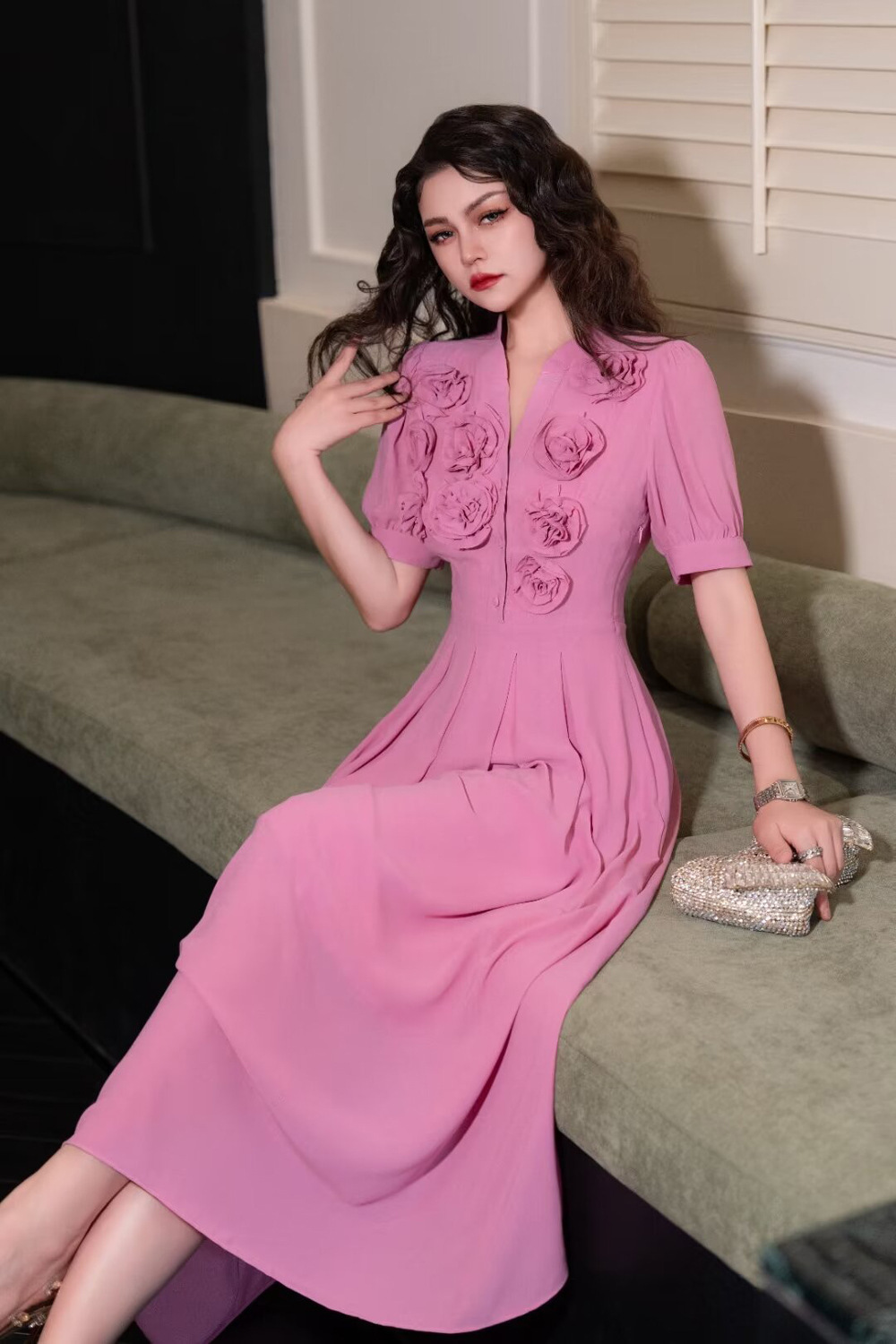 Temperament pinched waist dress pink long dress for women