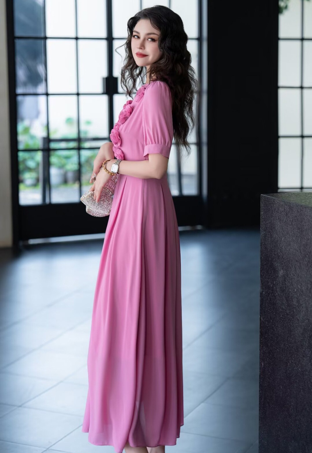 Temperament pinched waist dress pink long dress for women