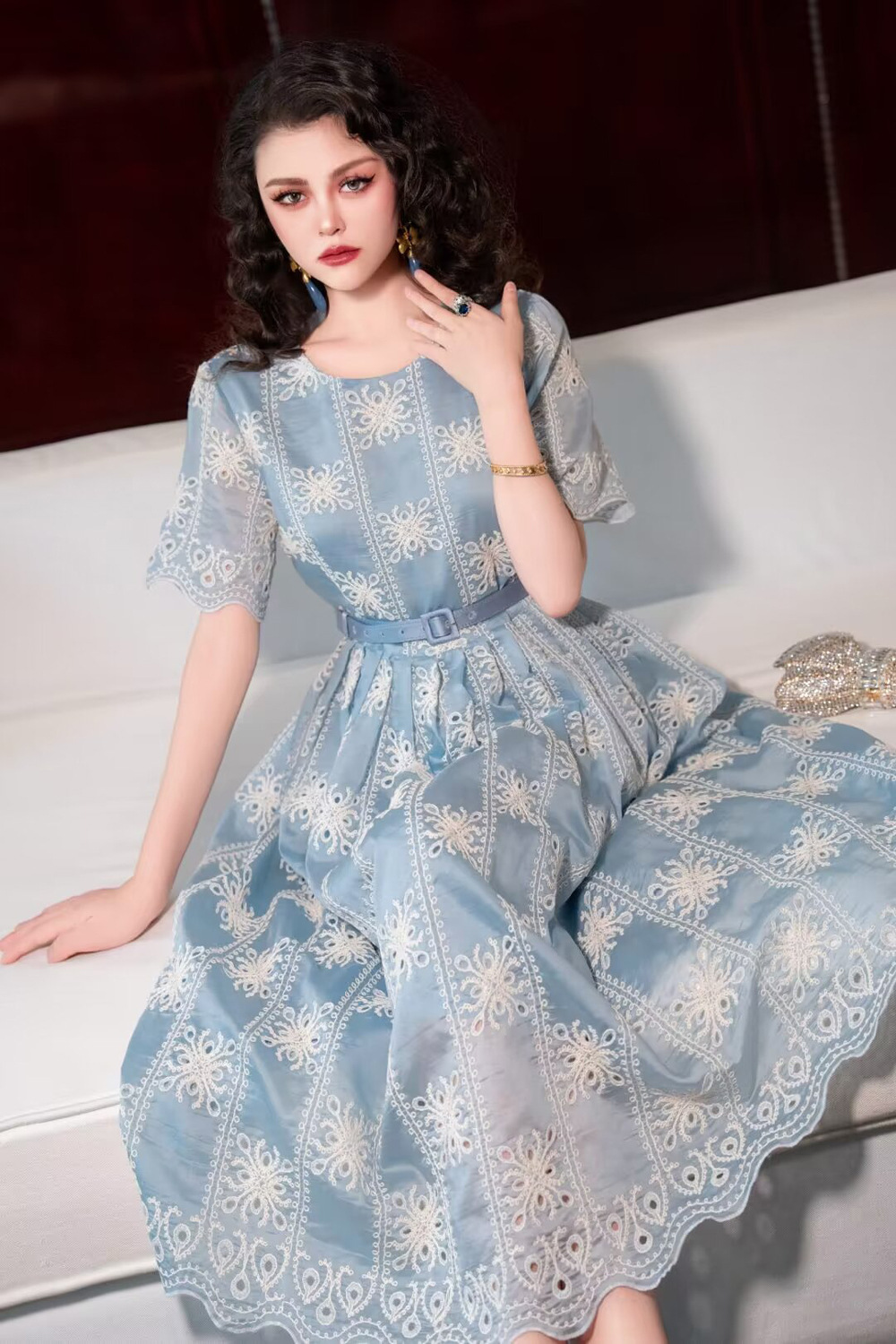 Cotton pinched waist temperament long dress for women