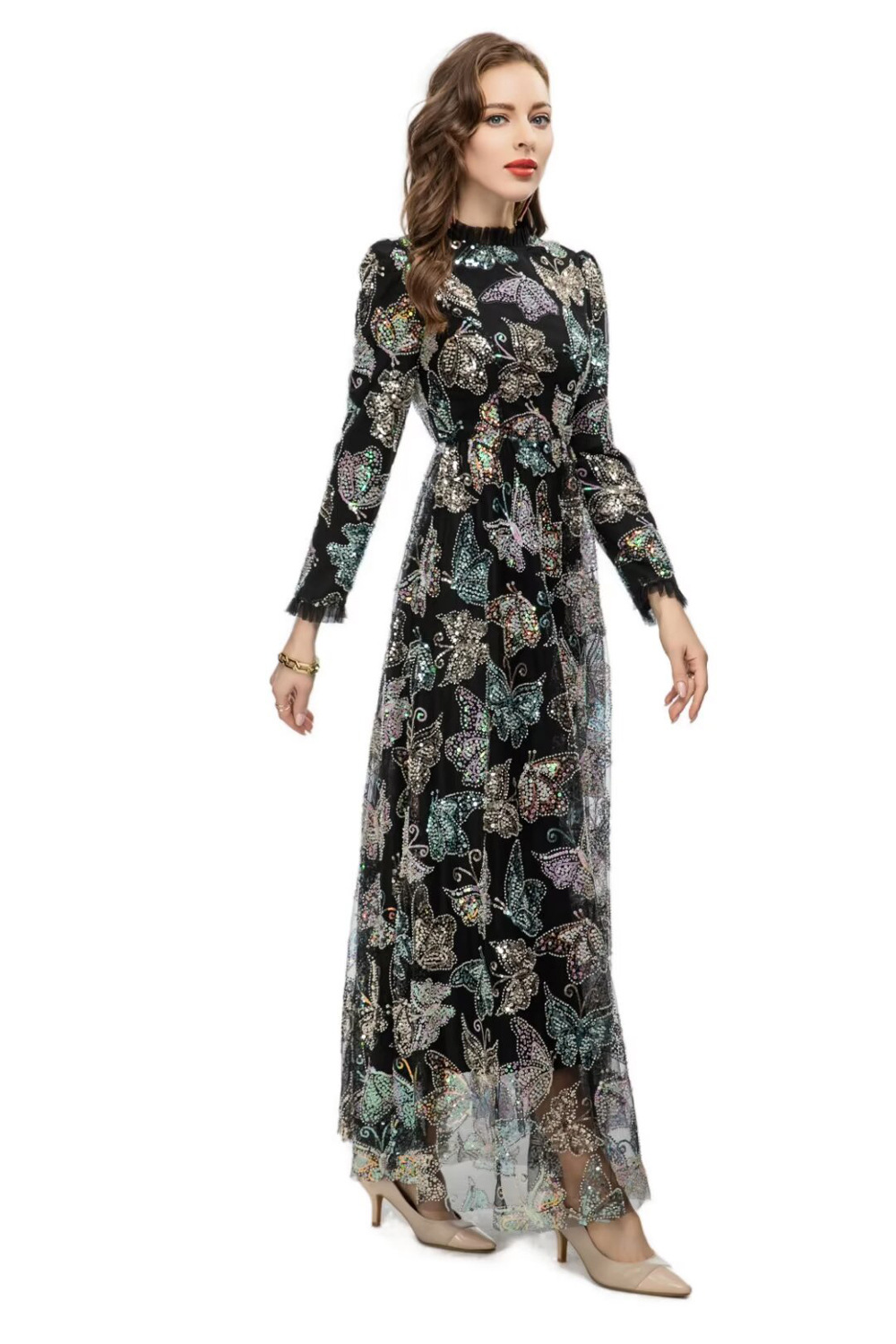 Sequins autumn dress butterfly long dress for women