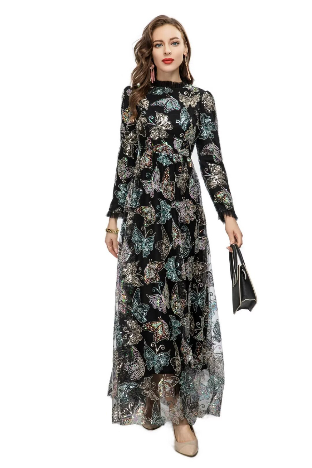 Sequins autumn dress butterfly long dress for women