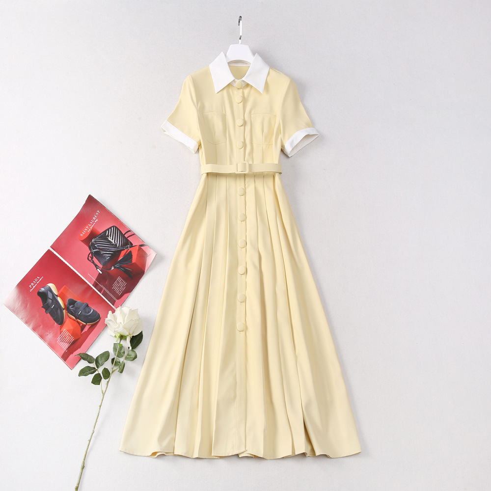 Single-breasted yellow short sleeve lapel dress for women