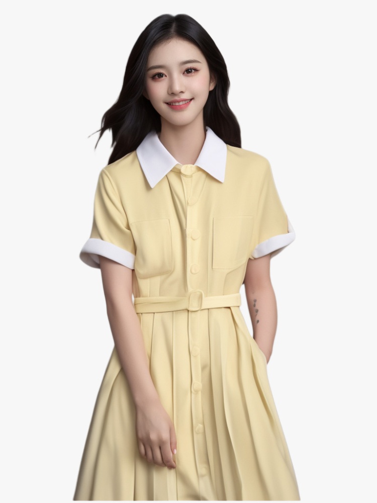 Single-breasted yellow short sleeve lapel dress for women