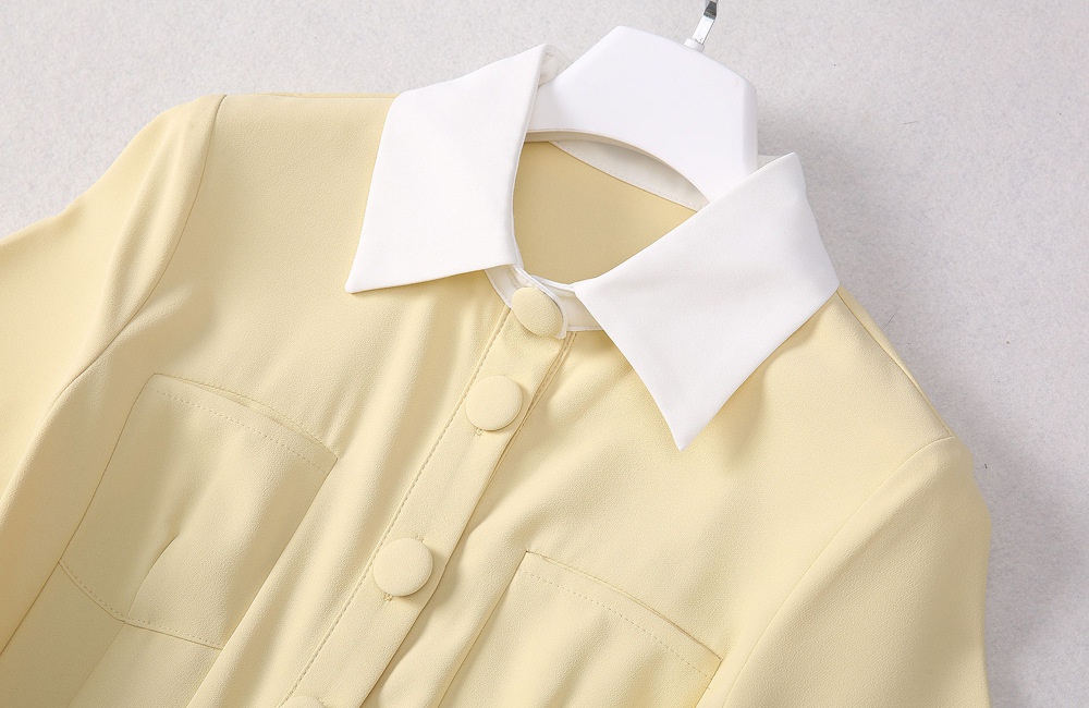 Single-breasted yellow short sleeve lapel dress for women