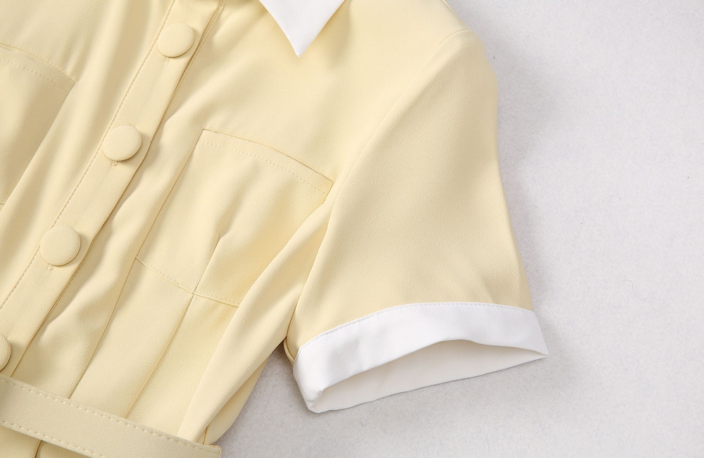 Single-breasted yellow short sleeve lapel dress for women