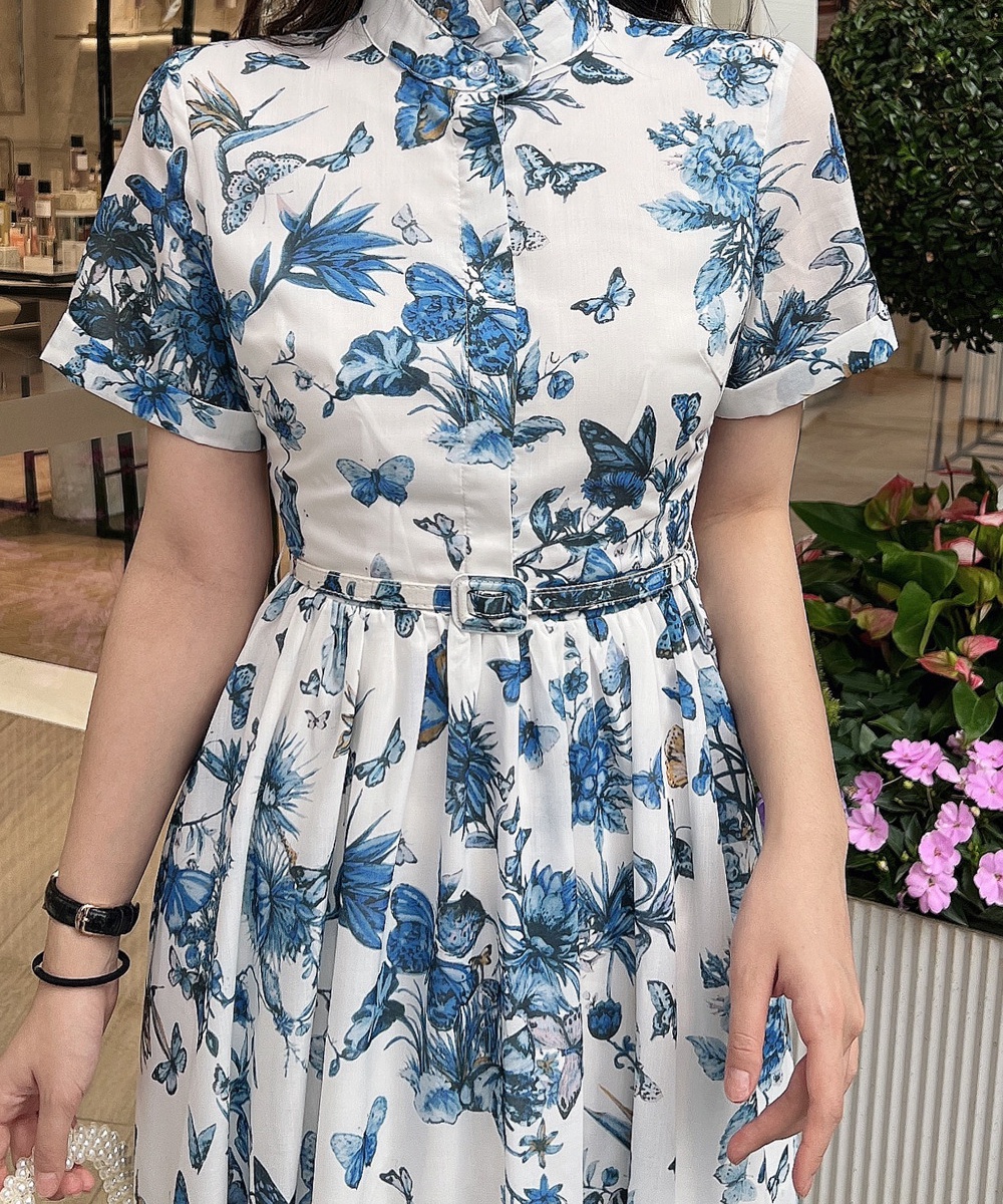 Cstand collar printing single-breasted dress for women