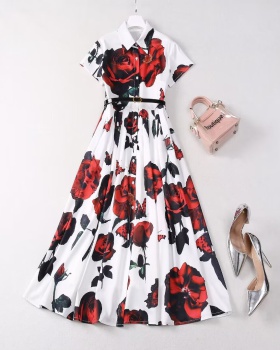 Printing lapel rose frenum European style long dress for women