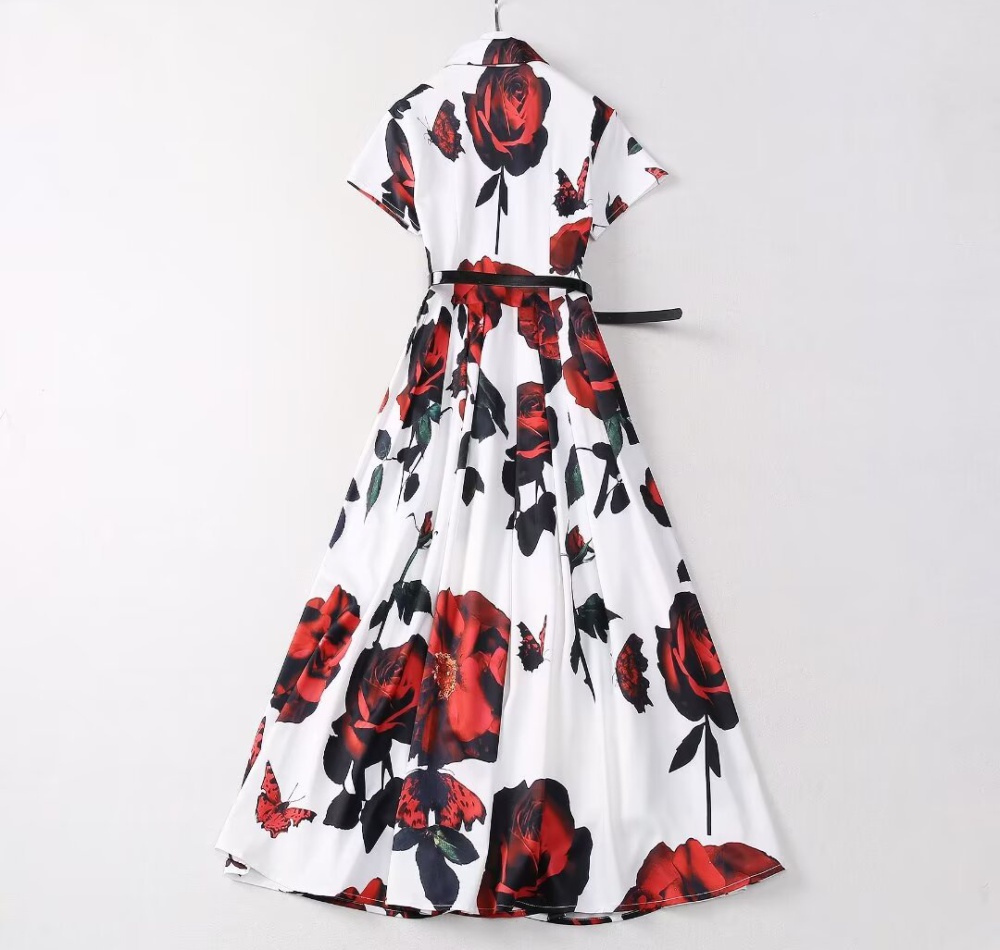 Printing lapel rose frenum European style long dress for women