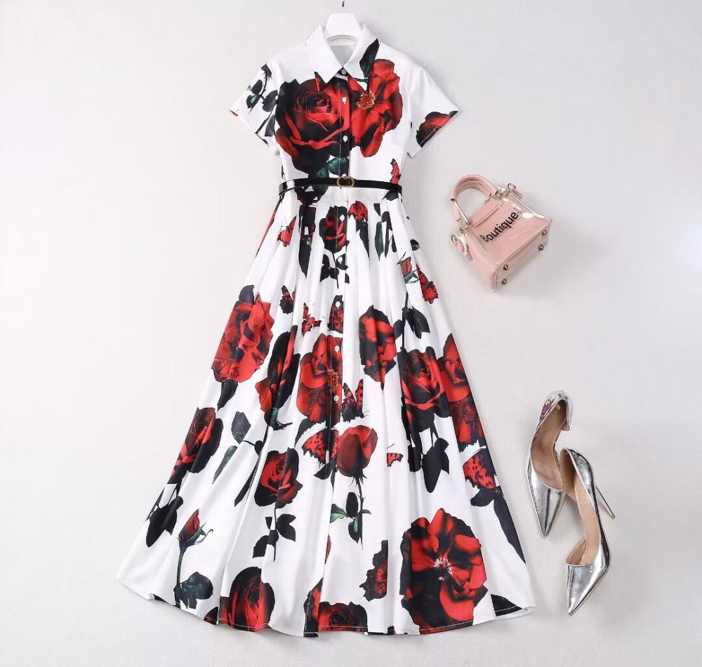 Printing lapel rose frenum European style long dress for women