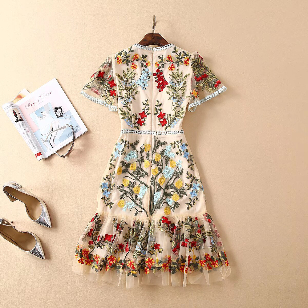 Gauze embroidery European style long round neck dress for women