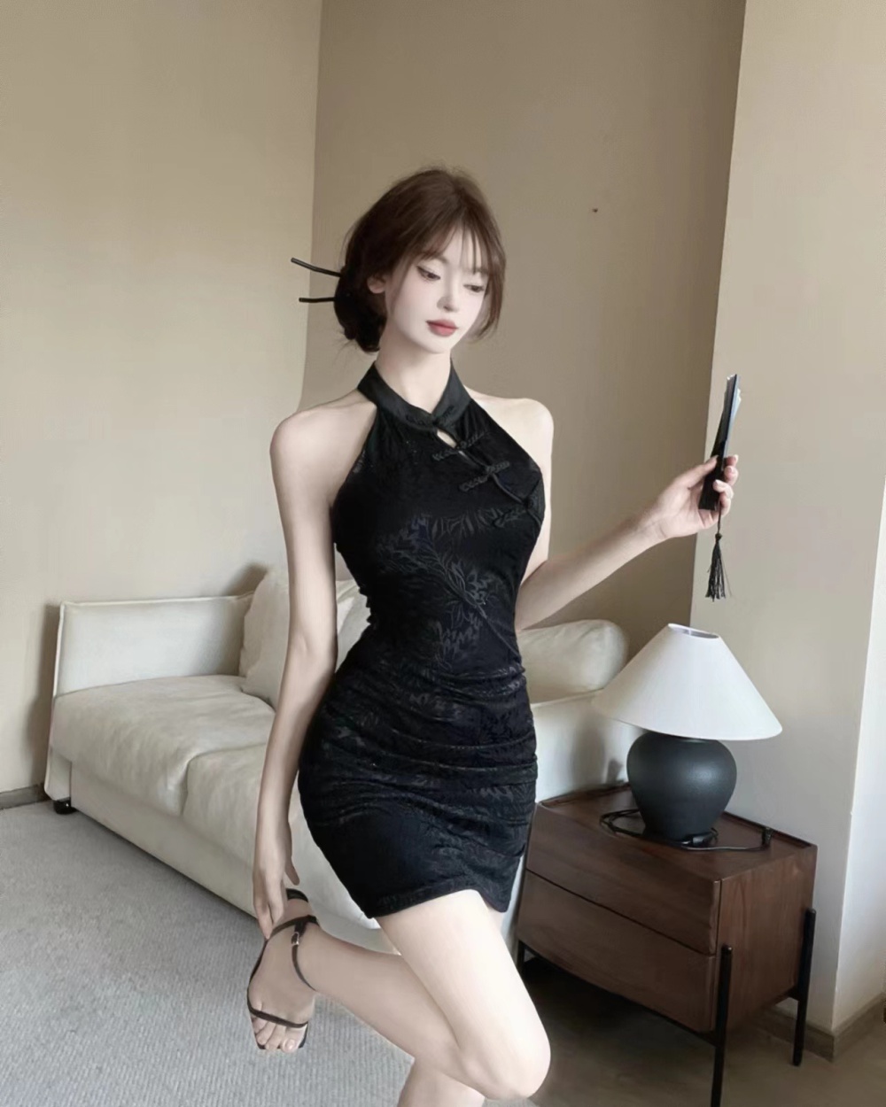 Lace short bottoming cheongsam sleeveless sexy dress