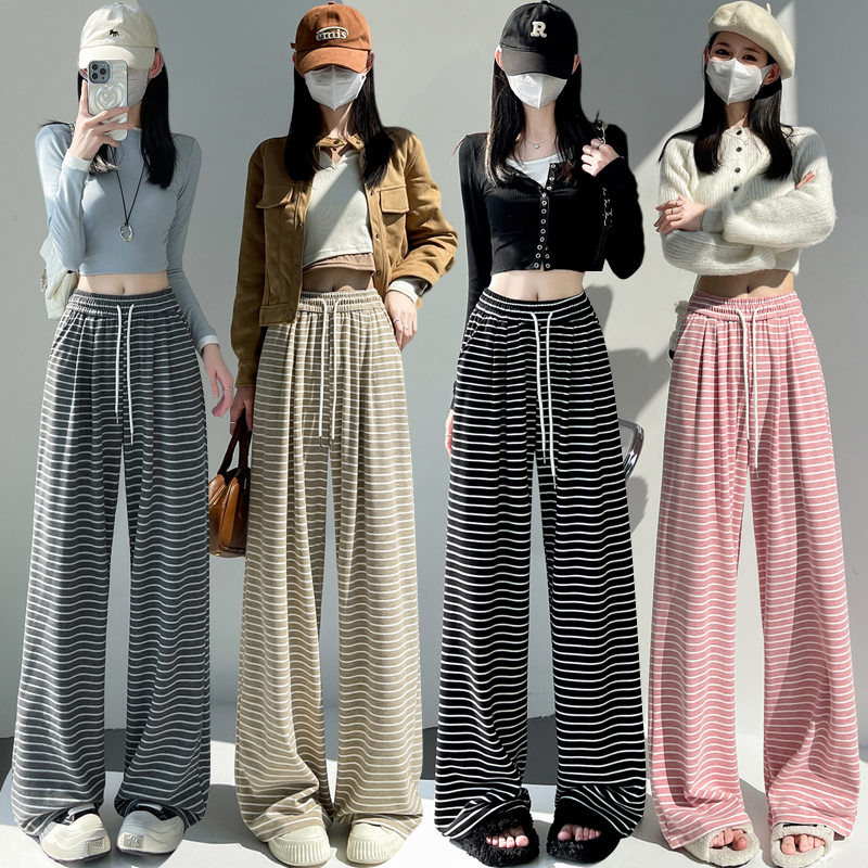 Elastic waist slim pants stripe wide leg pants for women