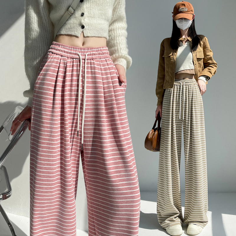 Elastic waist slim pants stripe wide leg pants for women