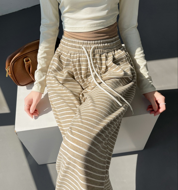 Elastic waist slim pants stripe wide leg pants for women