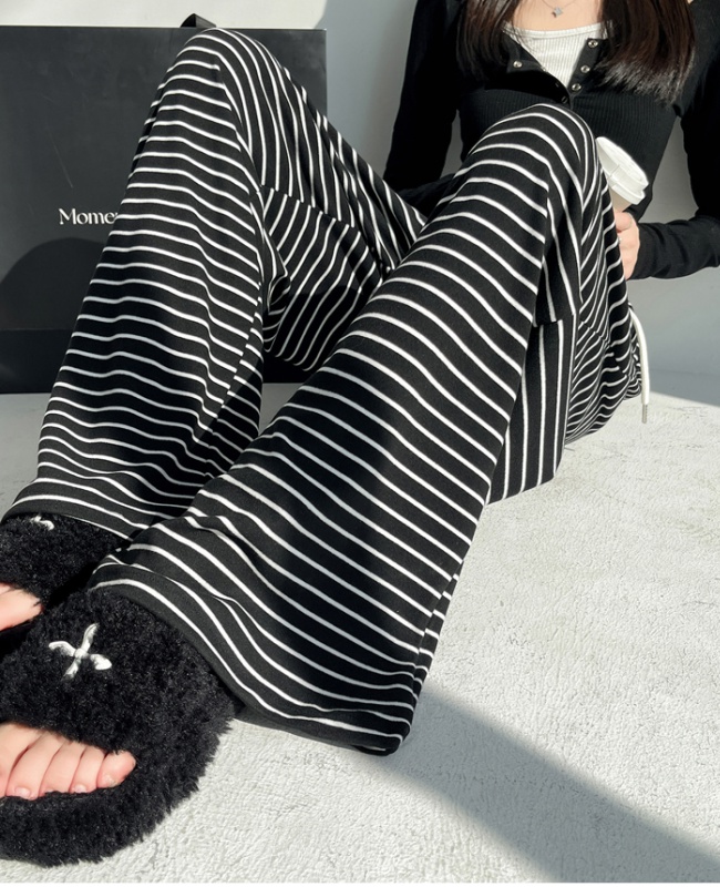 Elastic waist slim pants stripe wide leg pants for women