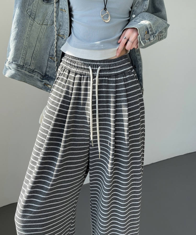 Elastic waist slim pants stripe wide leg pants for women