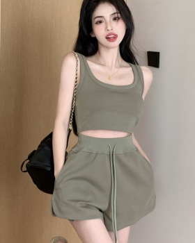 Casual U-neck tops wide leg short shorts 2pcs set