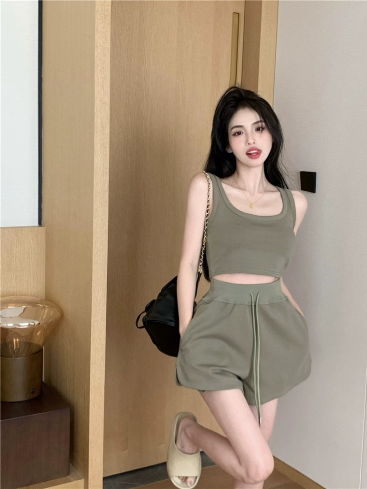 Casual U-neck tops wide leg short shorts 2pcs set