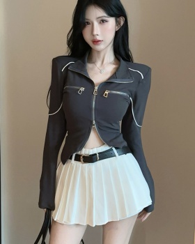 Double zip tops long sleeve short skirt 2pcs set for women