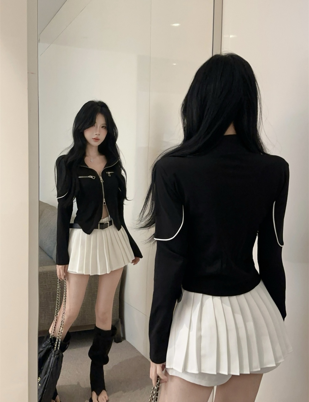 Double zip tops long sleeve short skirt 2pcs set for women