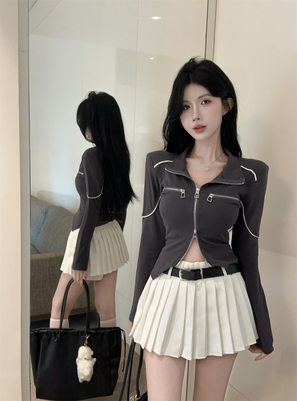 Double zip tops long sleeve short skirt 2pcs set for women