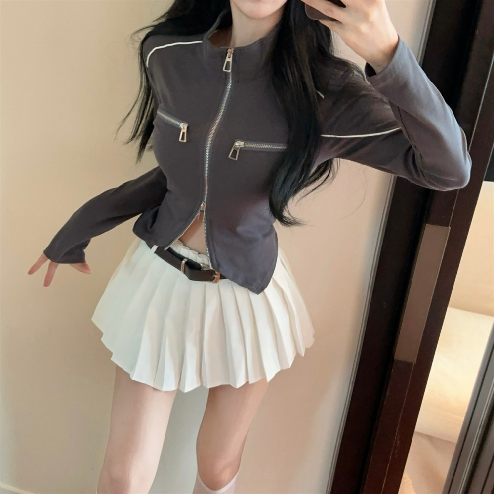 Double zip tops long sleeve short skirt 2pcs set for women