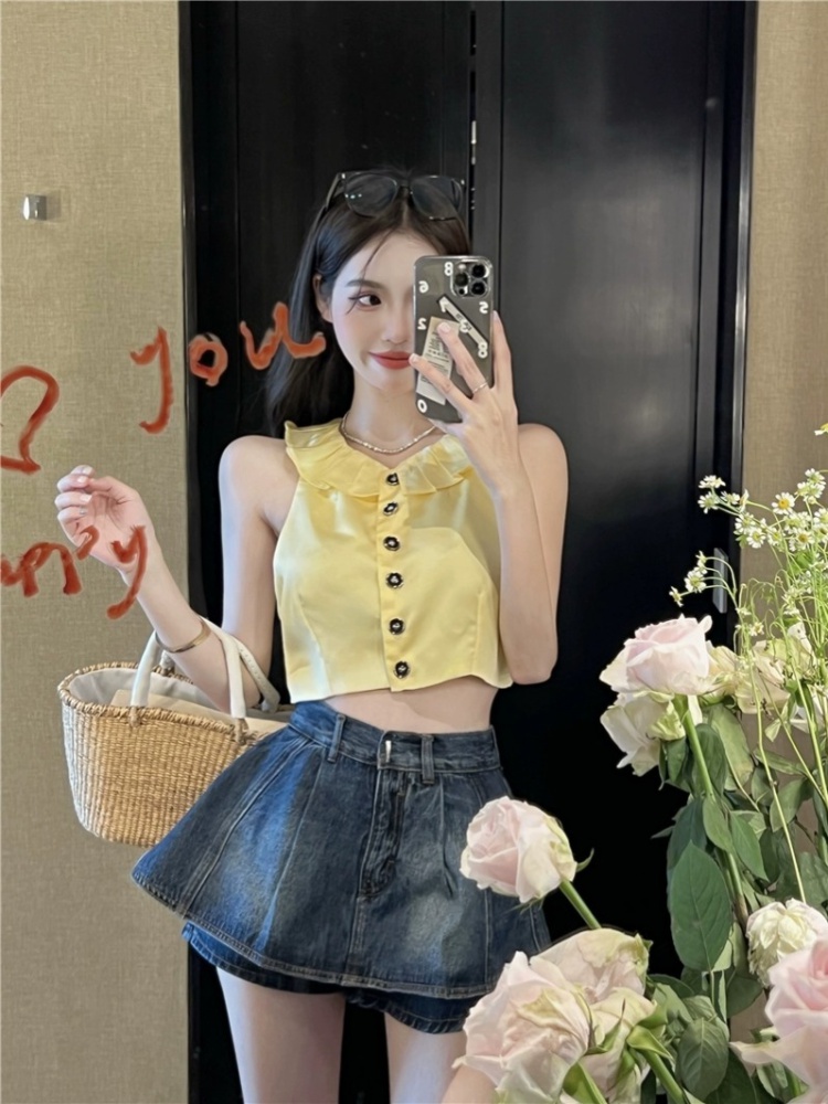 Pinched waist short skirt Korean style denim skirt for women