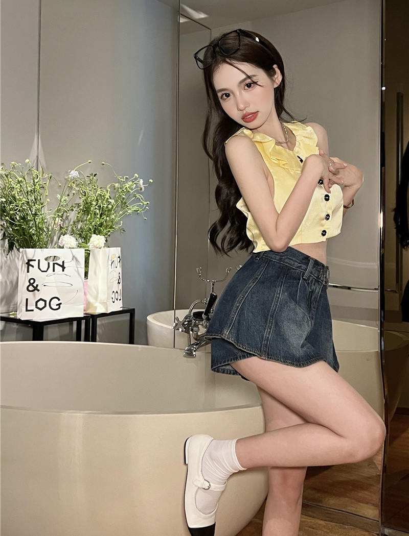 Pinched waist short skirt Korean style denim skirt for women