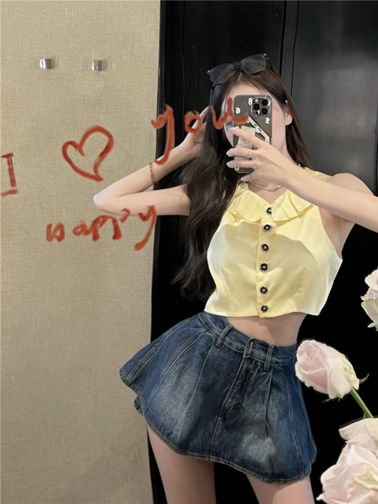 Pinched waist short skirt Korean style denim skirt for women