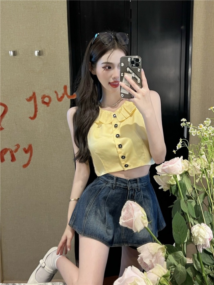 Pinched waist short skirt Korean style denim skirt for women