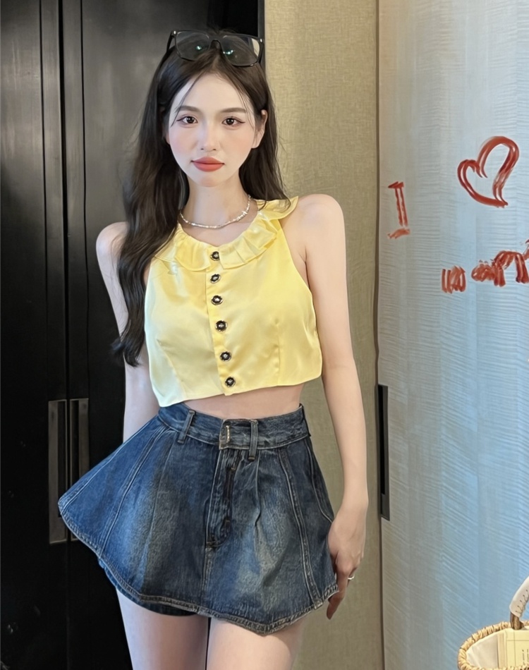 Pinched waist short skirt Korean style denim skirt for women