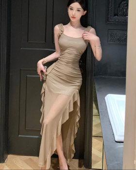 Long irregular sling lotus leaf edges dress