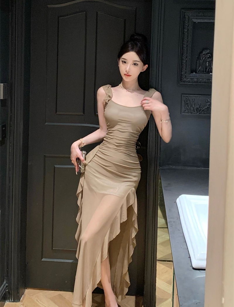 Long irregular sling lotus leaf edges dress