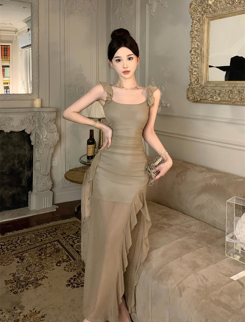 Long irregular sling lotus leaf edges dress