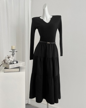 Korean style Pseudo-two knitted belt black pure dress