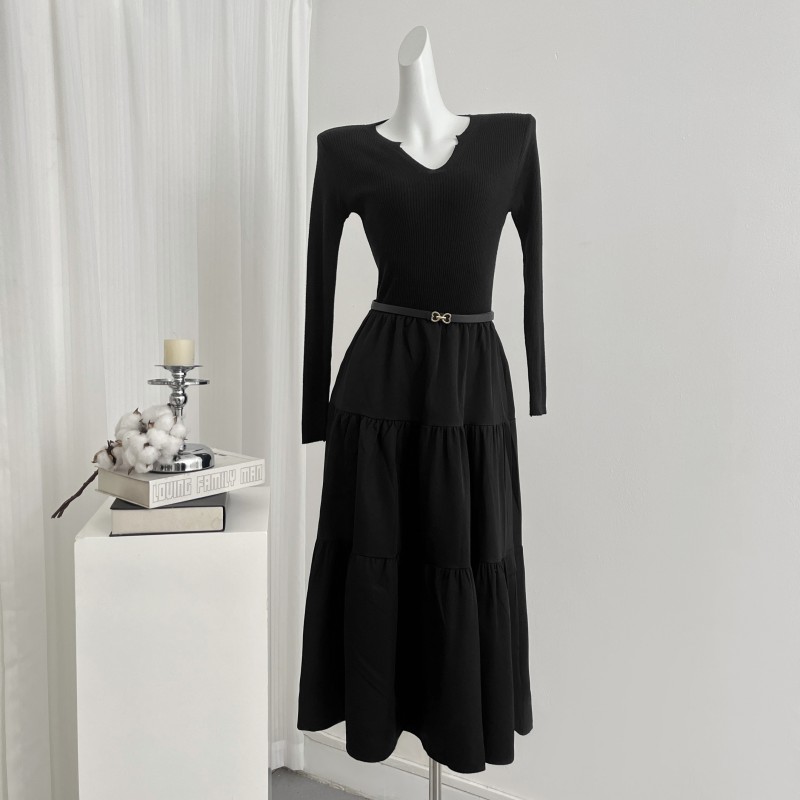 Korean style Pseudo-two knitted belt black pure dress