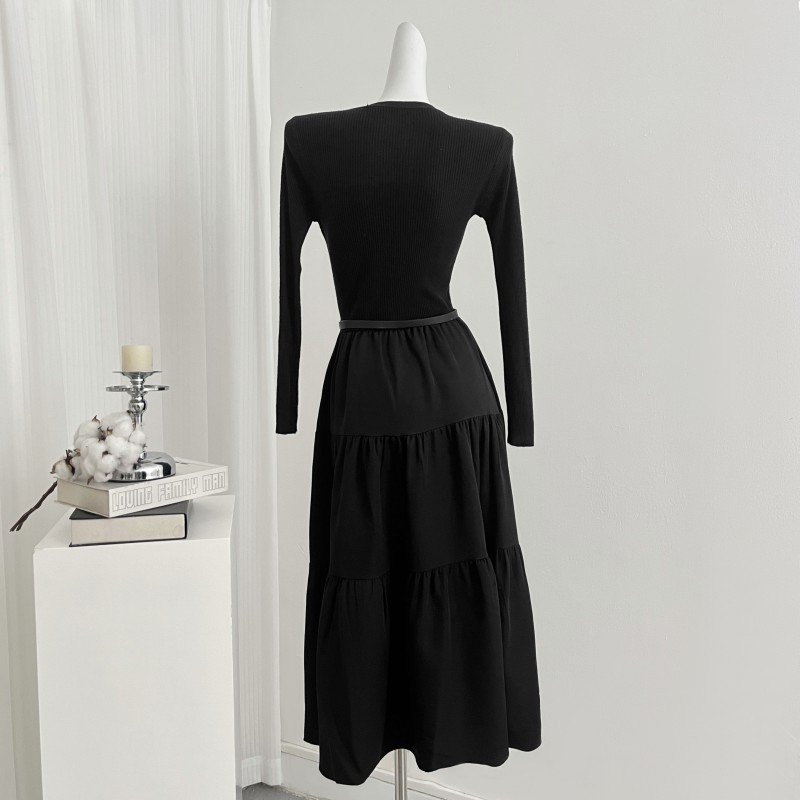 Korean style Pseudo-two knitted belt black pure dress