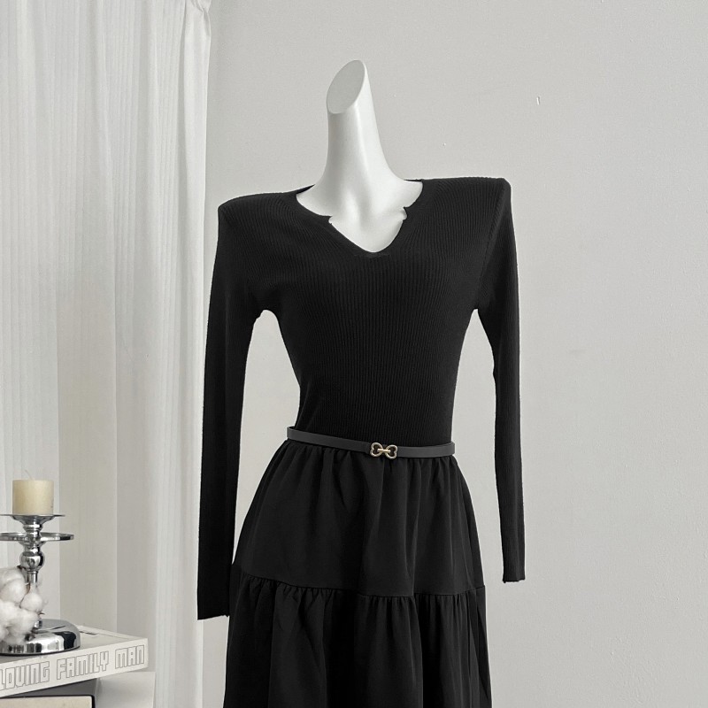 Korean style Pseudo-two knitted belt black pure dress