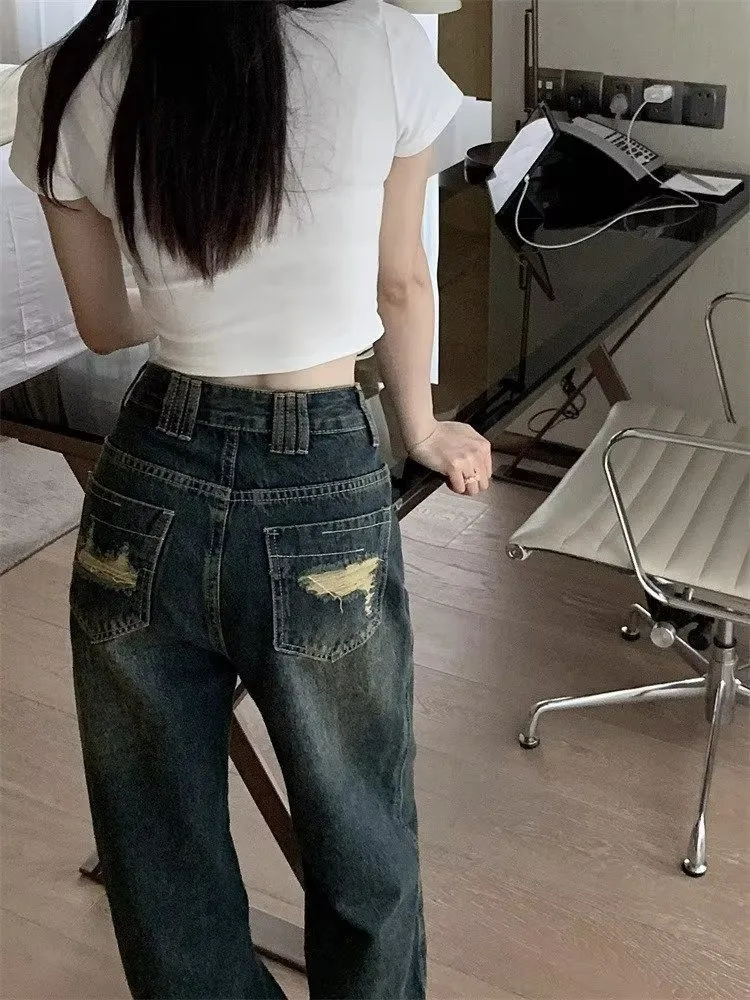 Summer high waist retro embroidery autumn jeans for women